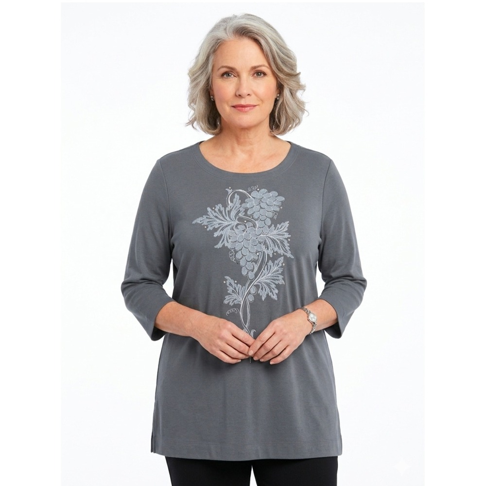 Bob Mackie Wearable Art Gray Embroidered Grape Tunic Top 3/4 Sleeve 2X